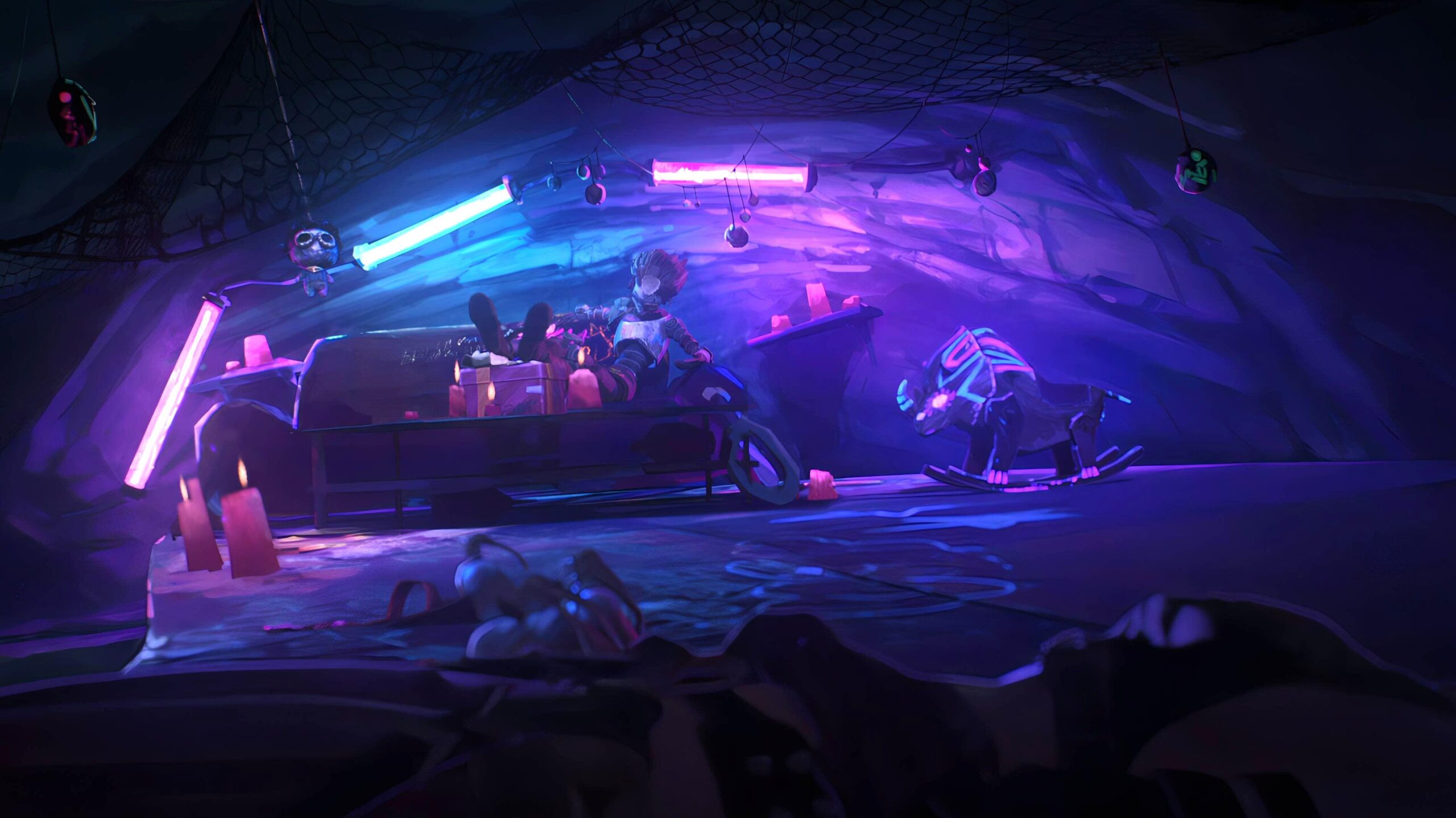 a purple and blue aesthetic picture of League of Legends character sitting on a couch in a house to represent the new Act 2 of Season 15 vibe